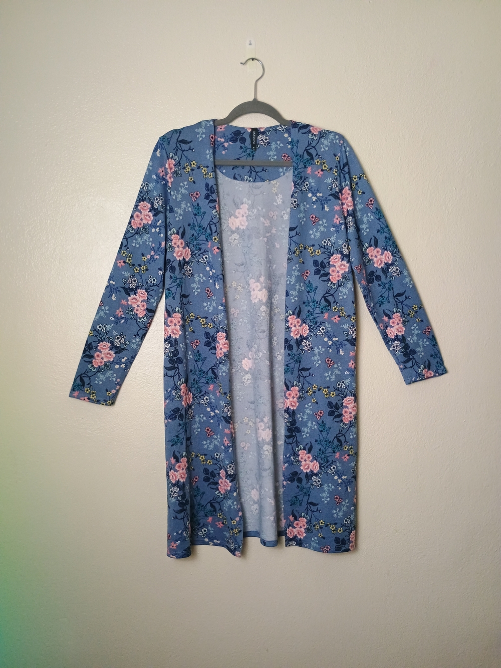 Massini Size M Blue Floral Open-Front Duster Jacket with Pink Flowers